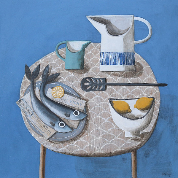 Still Life in Blue with Jugs and Fish