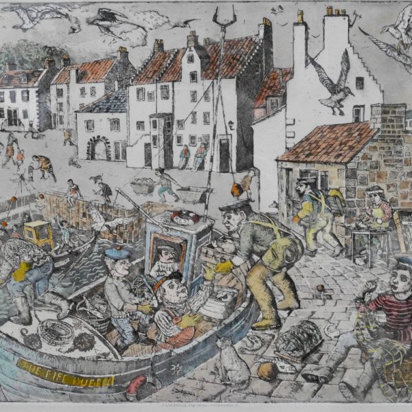 John_Johnstone_Unloading_the_Catch_Pitenweem_37x29cm_Etching__Watercolour_31of40_190