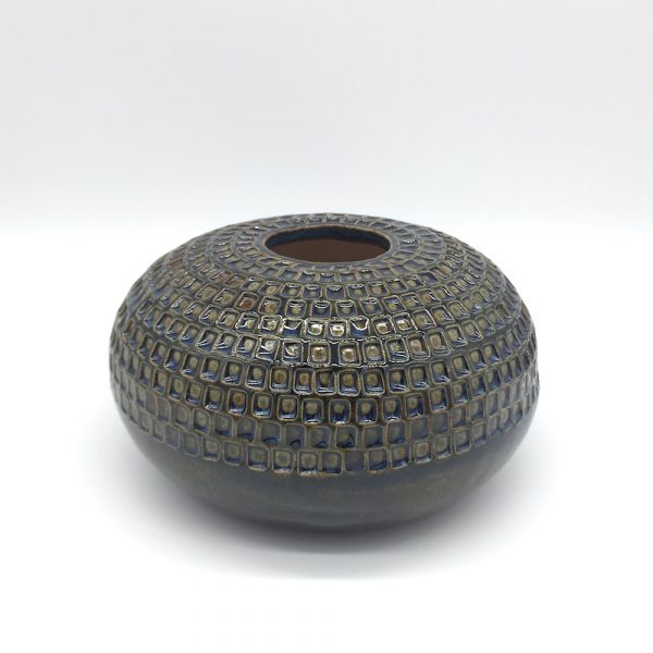 Sarah Lawson - Textured Squares, green/blue, stoneware ceramic urchin pot